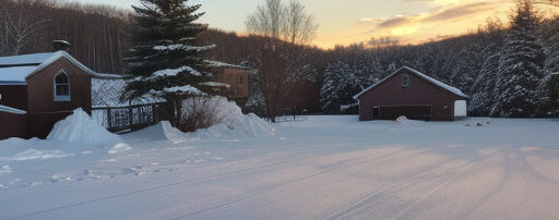 Snow setting in New England wintertime, very snowy landscape in a commercial farm setting