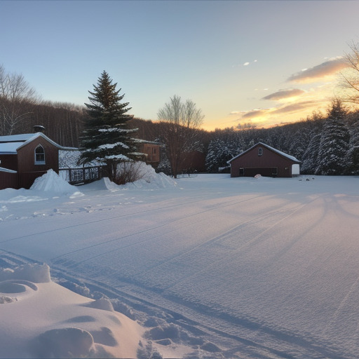 Snow setting in New England wintertime, very snowy landscape in a commercial farm setting